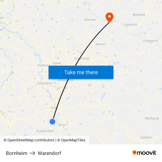 Bornheim to Warendorf map