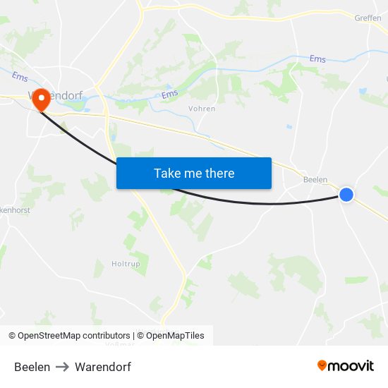 Beelen to Warendorf map