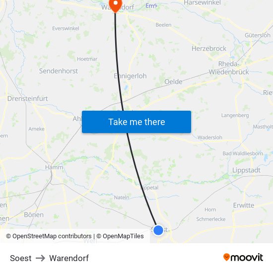 Soest to Warendorf map