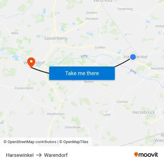 Harsewinkel to Warendorf map
