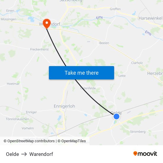 Oelde to Warendorf map