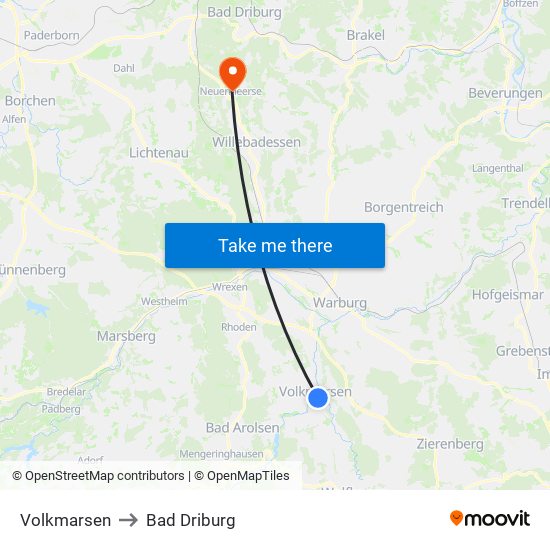 Volkmarsen to Bad Driburg map