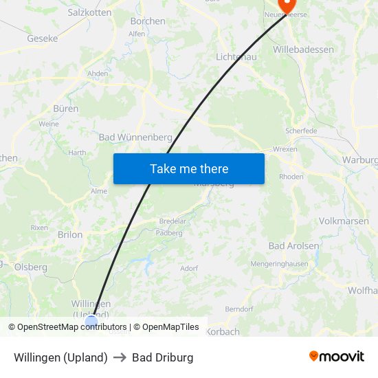 Willingen (Upland) to Bad Driburg map