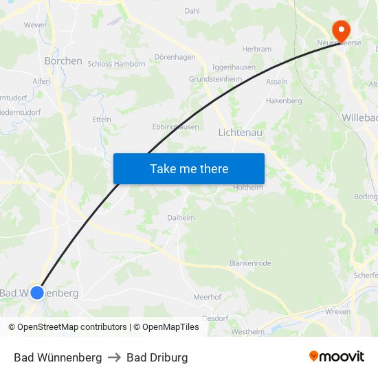 Bad Wünnenberg to Bad Driburg map