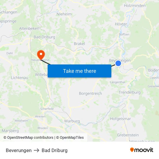 Beverungen to Bad Driburg map