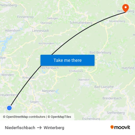 Niederfischbach to Winterberg map