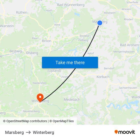 Marsberg to Winterberg map