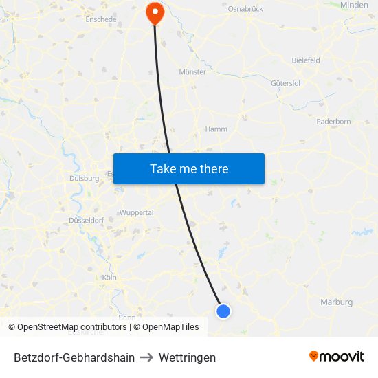 Betzdorf-Gebhardshain to Wettringen map