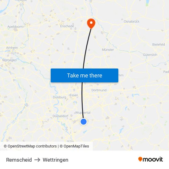 Remscheid to Wettringen map