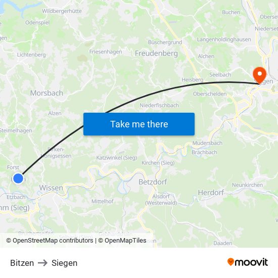 Bitzen to Siegen map