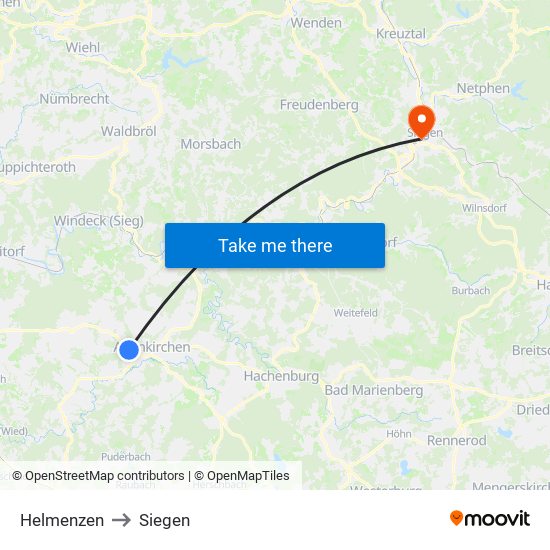 Helmenzen to Siegen map