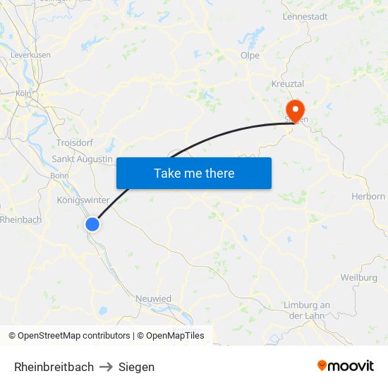 Rheinbreitbach to Siegen map