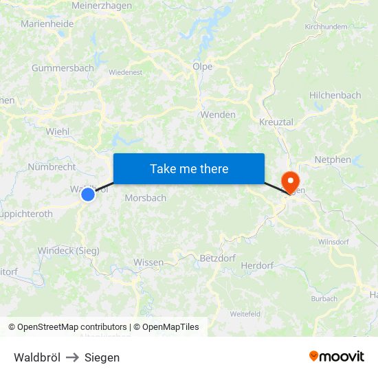 Waldbröl to Siegen map