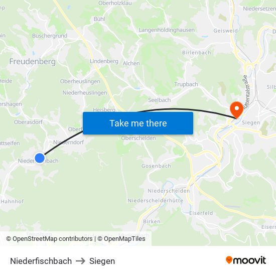 Niederfischbach to Siegen map