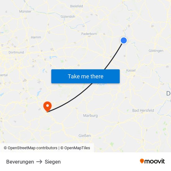 Beverungen to Siegen map