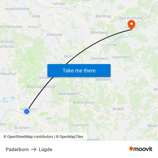 Paderborn to Lügde map