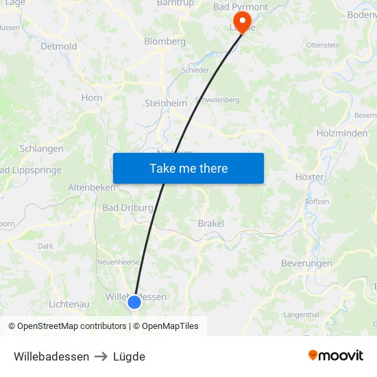 Willebadessen to Lügde map