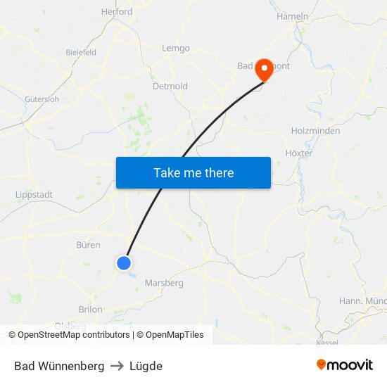 Bad Wünnenberg to Lügde map