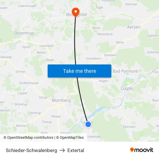 Schieder-Schwalenberg to Extertal map