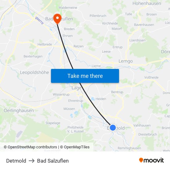 Detmold to Bad Salzuflen map