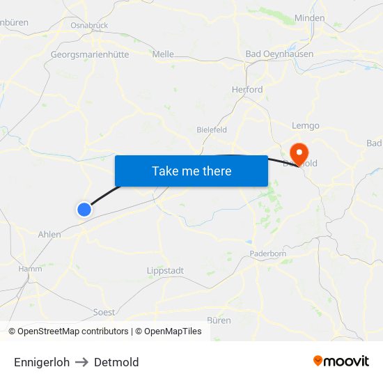 Ennigerloh to Detmold map