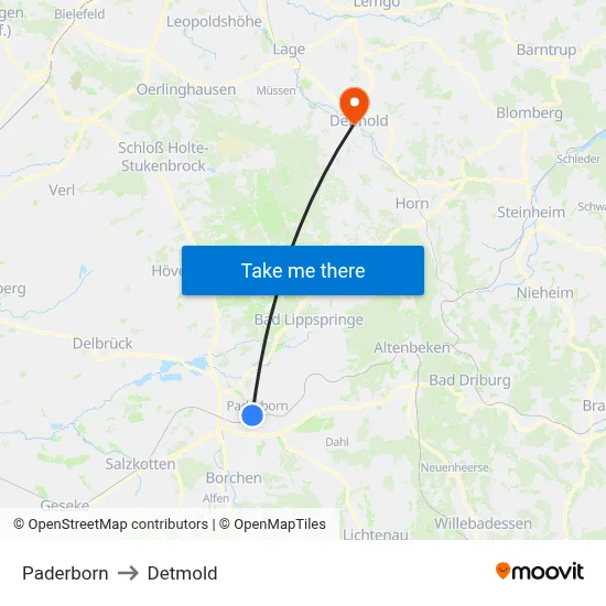 Paderborn to Detmold map