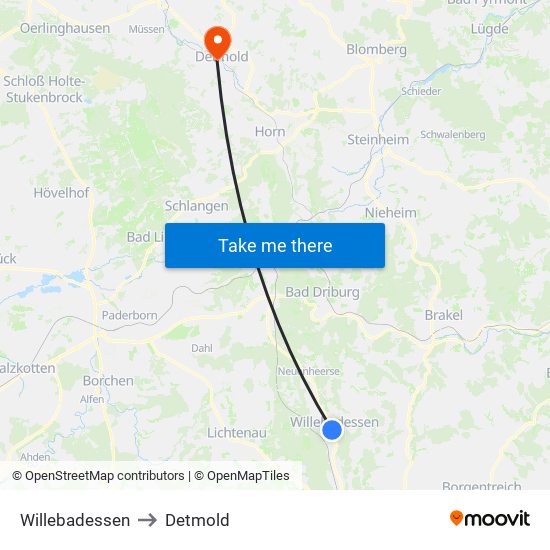 Willebadessen to Detmold map