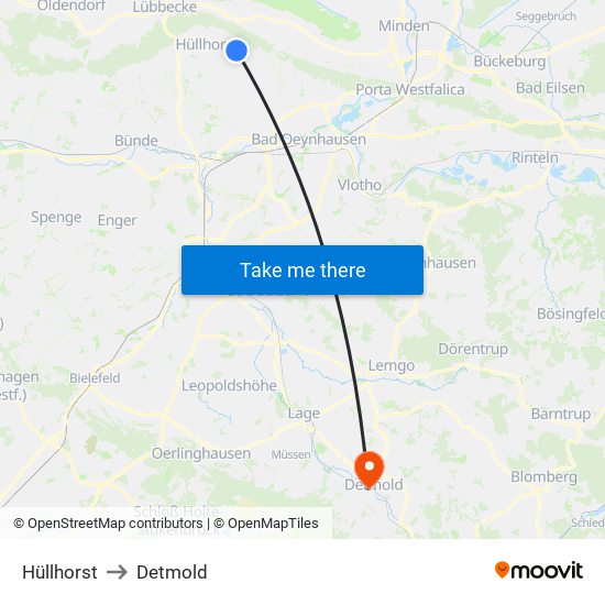 Hüllhorst to Detmold map