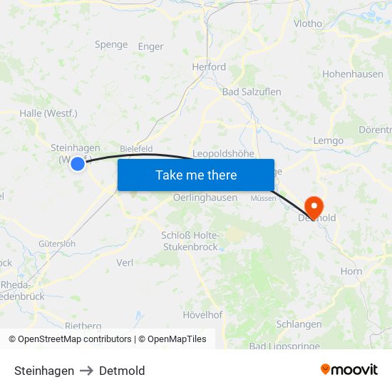 Steinhagen to Detmold map