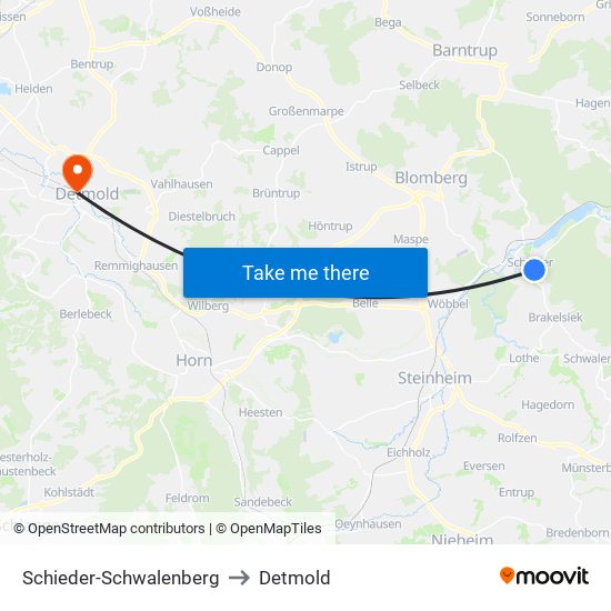 Schieder-Schwalenberg to Detmold map