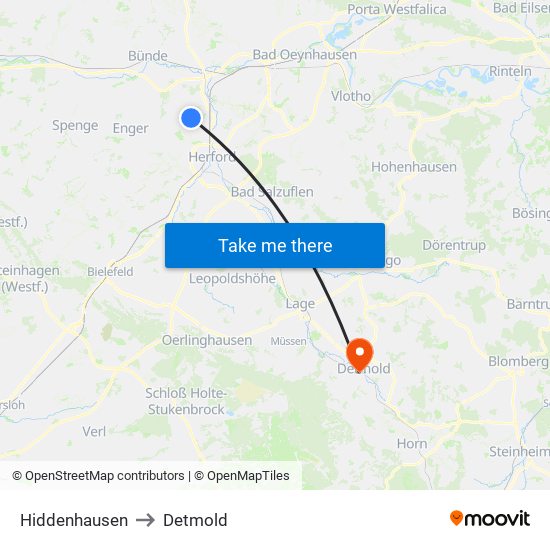 Hiddenhausen to Detmold map