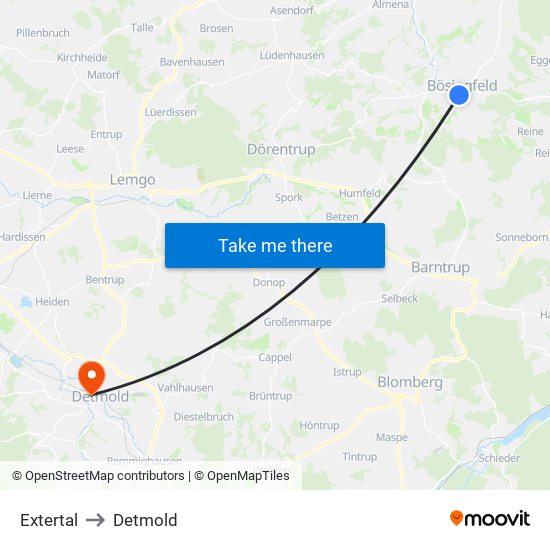 Extertal to Detmold map