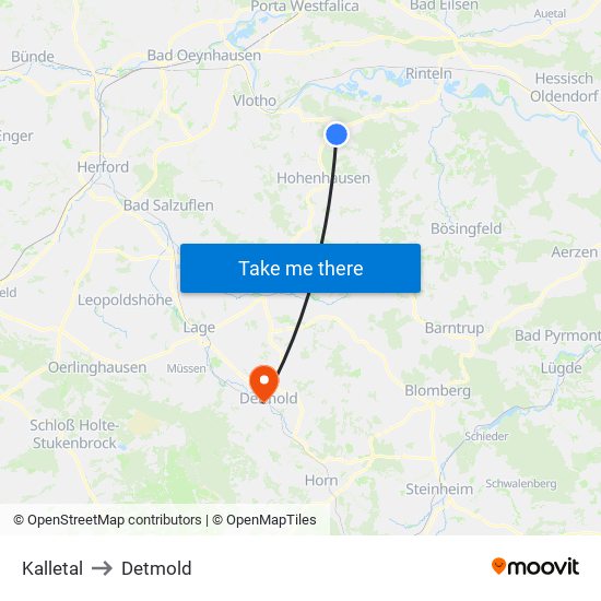 Kalletal to Detmold map