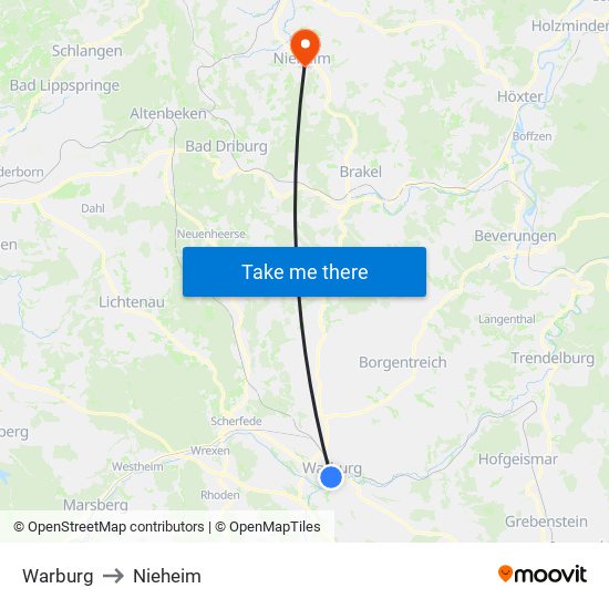 Warburg to Nieheim map