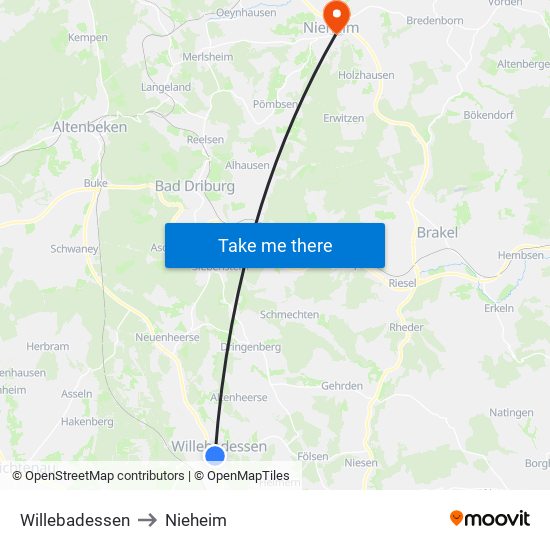 Willebadessen to Nieheim map