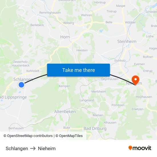 Schlangen to Nieheim map