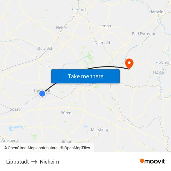 Lippstadt to Nieheim map