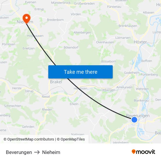 Beverungen to Nieheim map