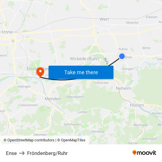 Ense to Fröndenberg/Ruhr map