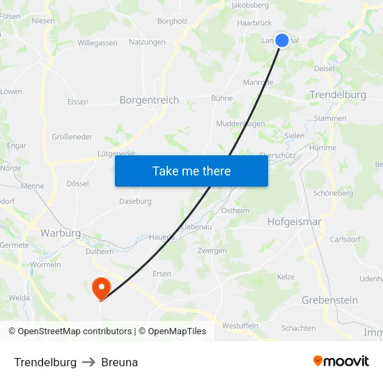 Trendelburg to Breuna map