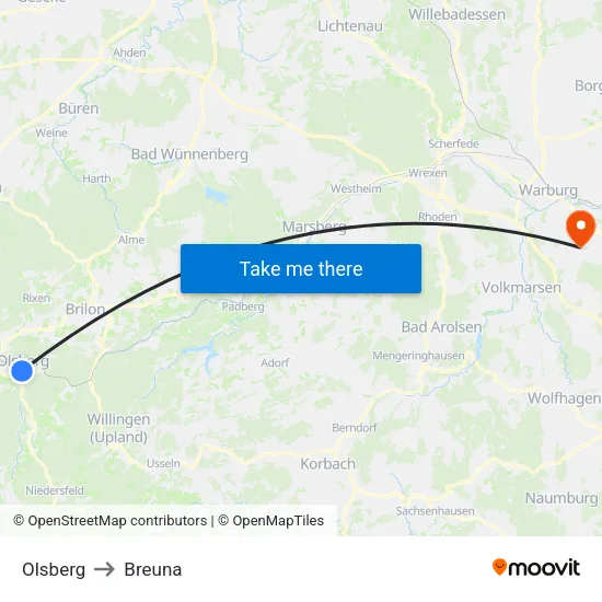 Olsberg to Breuna map