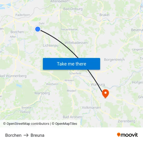 Borchen to Breuna map