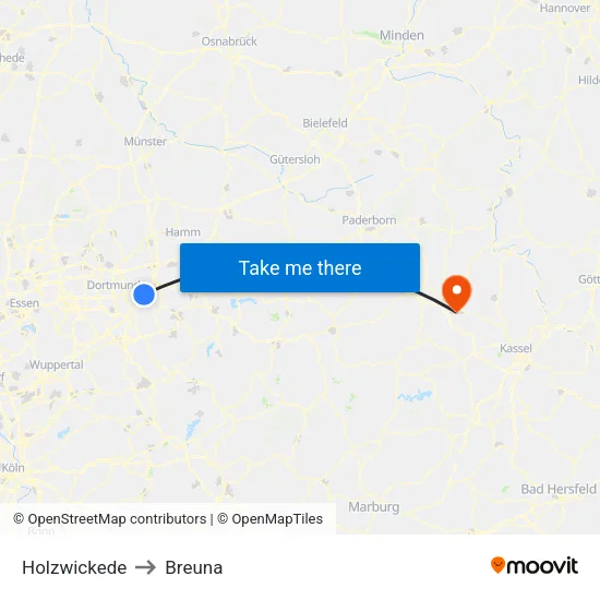 Holzwickede to Breuna map