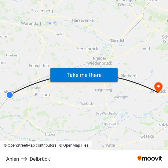 Ahlen to Delbrück map
