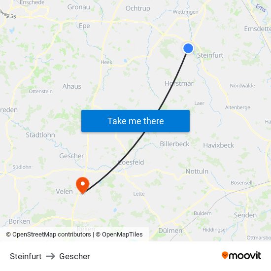 Steinfurt to Gescher map