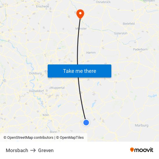 Morsbach to Greven map