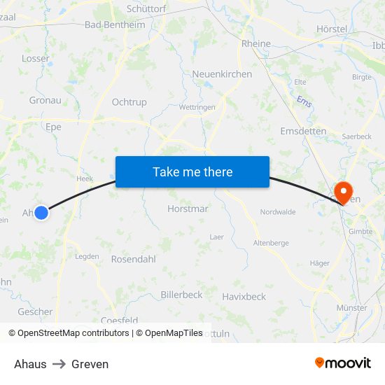Ahaus to Greven map