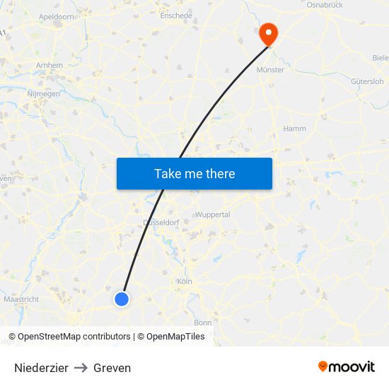 Niederzier to Greven map