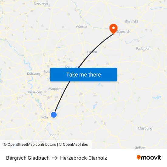 Bergisch Gladbach to Herzebrock-Clarholz map