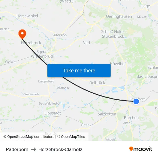 Paderborn to Herzebrock-Clarholz map